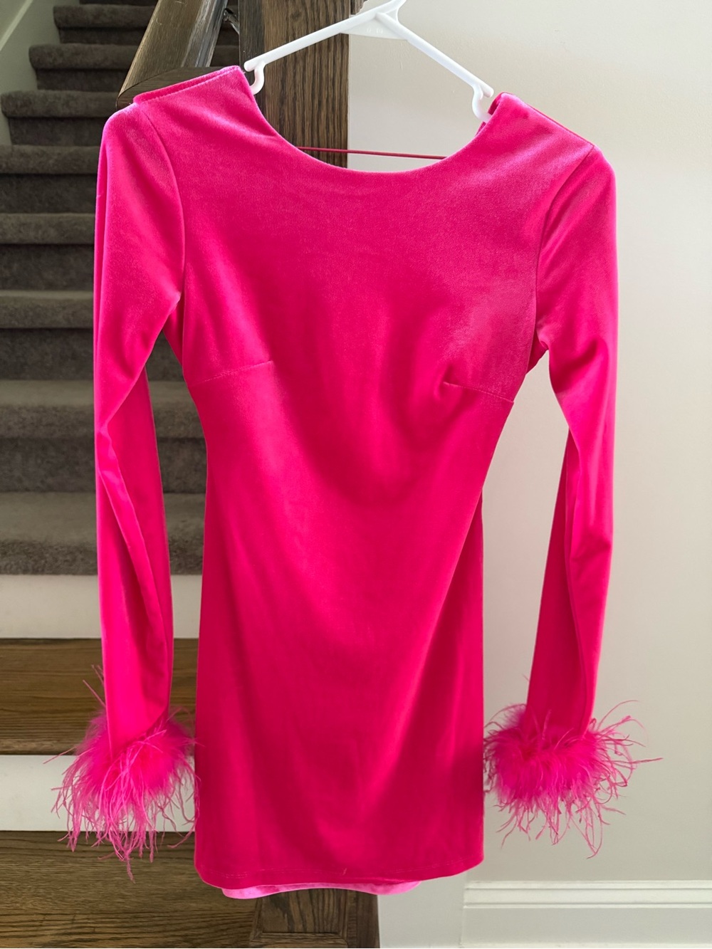 Hot Pink Feather Cuff Long-Sleeve Kids Dress - Picture 3 of 5